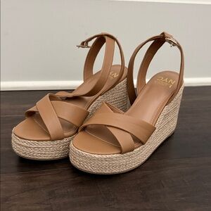 Madden NYC Tan Leather Crisscross Espadrille Wedge Sandals